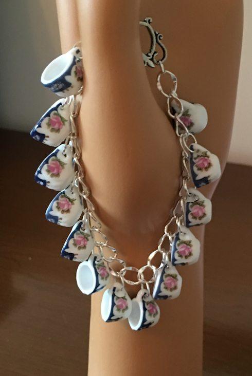 Sweet Simplicity Blue and Pink Rose Tea Cup Charm Bracelet-Roses And Teacups