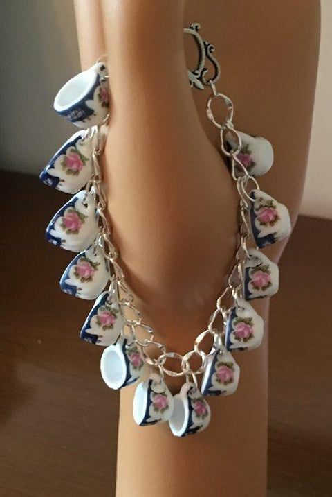Sweet Simplicity Blue and Pink Rose Tea Cup Charm Bracelet