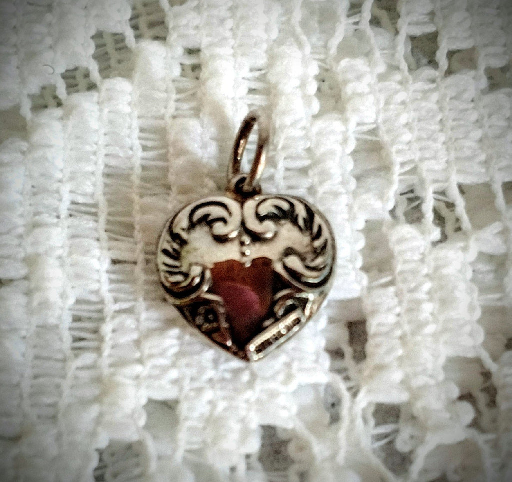 Swirled Heart Sterling Silver Charm-Roses And Teacups