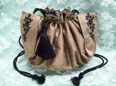 Taupe Foxtrot Reticule Drawstring Purse-Roses And Teacups