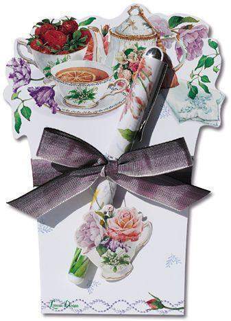 Tea Rose Cottage Large Die Cut Notepad with Pen-Roses And Teacups
