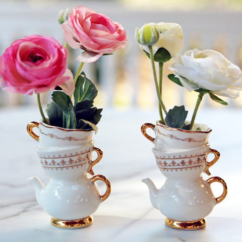 Tea Time Whimsy Ceramic Bud Vases Set of 2-Roses And Teacups