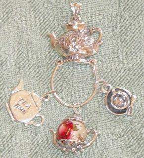 Teapot Charm Holder Pendant with Tea Charms-Roses And Teacups