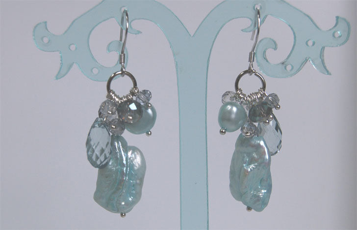 Turquoise Biwa Pearl and Sterling Silver Earrings-Roses And Teacups