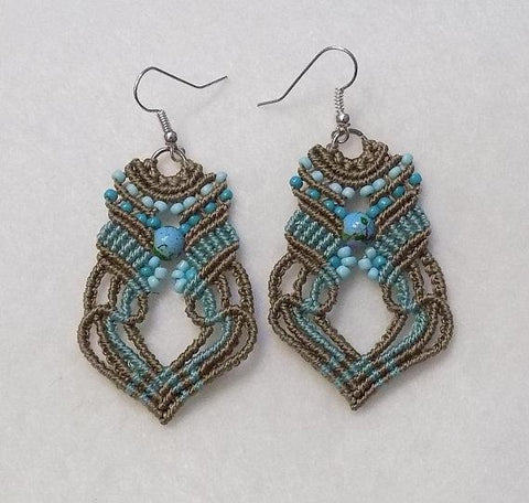 Turquoise Macrame Earrings-Roses And Teacups