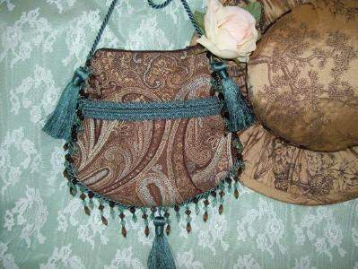 Turquoise and Brown Victorian Zippered Beaded Tapestry Reticule Handbag-Roses And Teacups