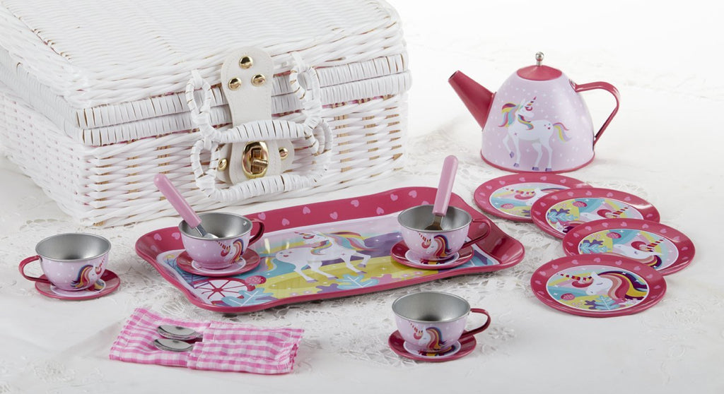 Unicorn Childrens Tin Teaset FREE Tea! 19pc Tea Set for Little Girls in a White Wicker Style Basket-Roses And Teacups