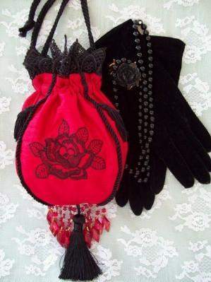 Victorian Black Rose on Red Silk Dupioni-Roses And Teacups