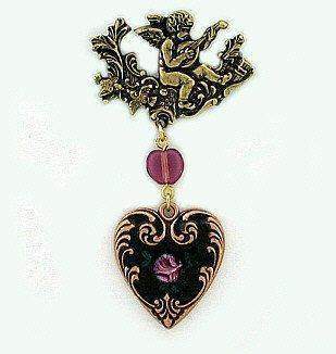 Victorian Cloisonne Heart Pin-Roses And Teacups