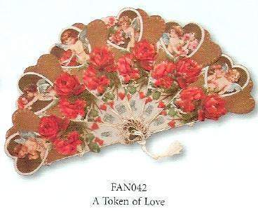 Victorian Fan Greeting Card Cherubs and Red Roses "A Token of Love"