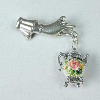 Victorian Hand Teapot Pin-Roses And Teacups