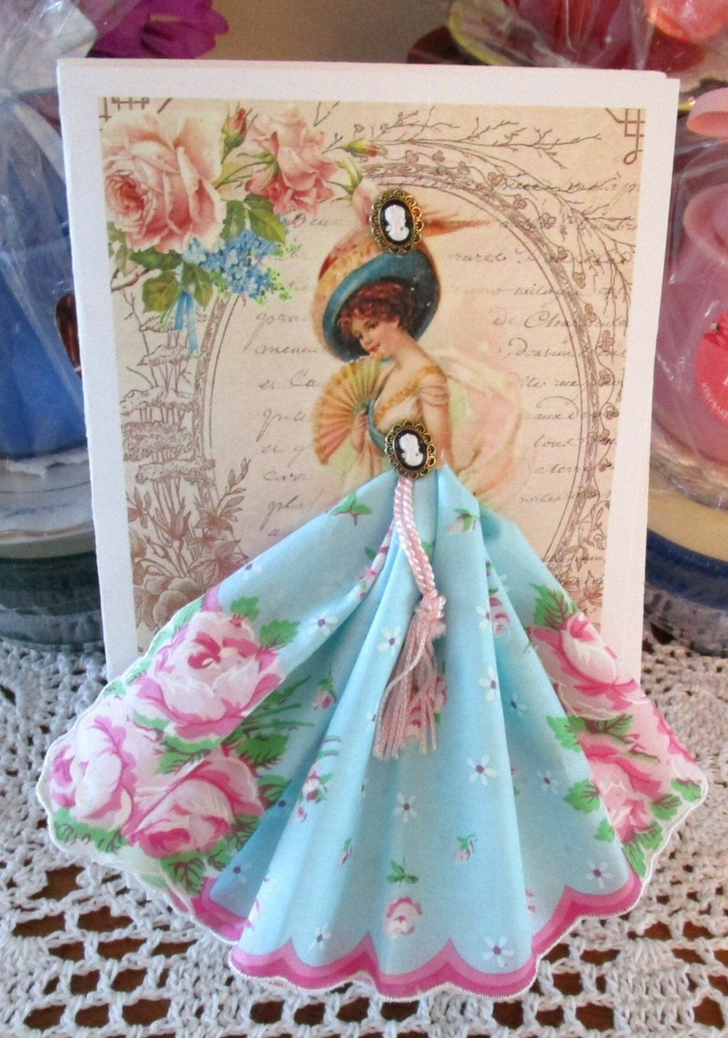 Victorian Lady with Fan Any Occasion Hankie Card-Roses And Teacups