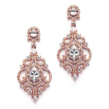Victorian Scrolls 14K Rose Gold Plated Cubic Zirconia Wedding Chandelier Earrings 4553E-RG-Roses And Teacups