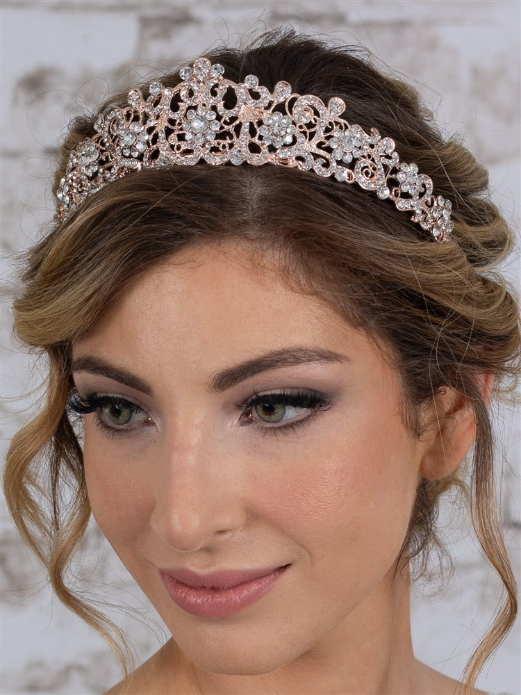 Vintage Filigree Bridal, Wedding or Prom Rose Gold Tiara with Clear Crystals 4187T-RG-Roses And Teacups
