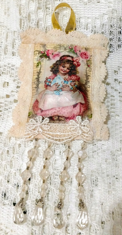 Vintage Girl with Doll Scented Sachet Ornament-Roses And Teacups