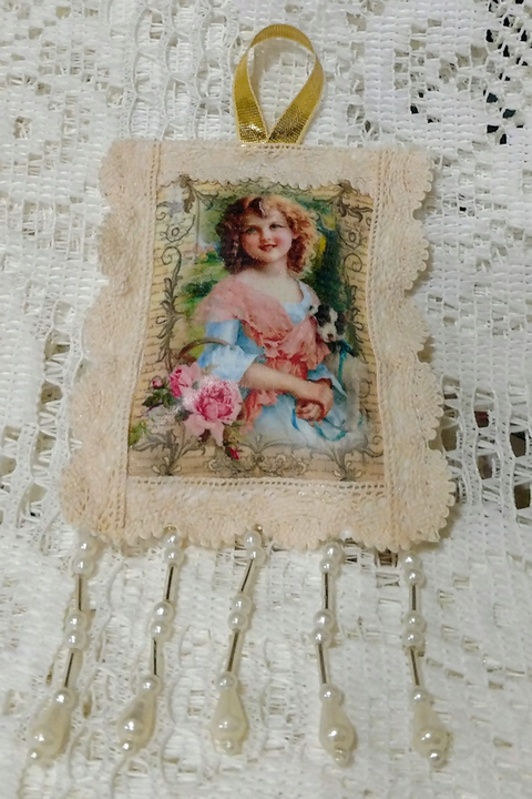Vintage Girl with Puppy Scented Sachet Ornament-Roses And Teacups