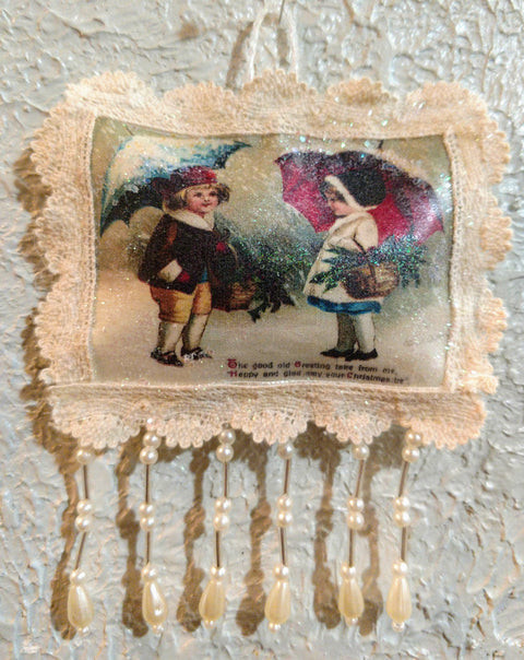 Vintage Greetings Ornament Sachet - Snowy Umbrellas - One of a Kind!-Roses And Teacups