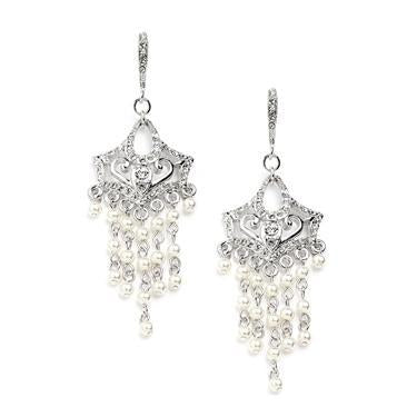 Vintage Pearl Chandelier Wedding Earrings with Cubic Zirconia Encrusted French Wires 4067E-Roses And Teacups