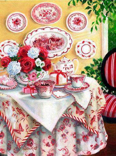 "Vintage Red" Susan Rios Keepsakes 8 x 10-Roses And Teacups