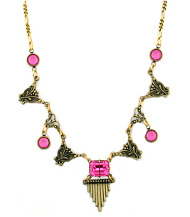 Vintage Reproduction Art Deco Austrian Crystal Fashion Y-Necklace - Pink-Roses And Teacups