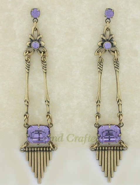 Vintage Reproduction Art Deco Chandelier Earrings - Tanzanite Austrian Crystal-Roses And Teacups