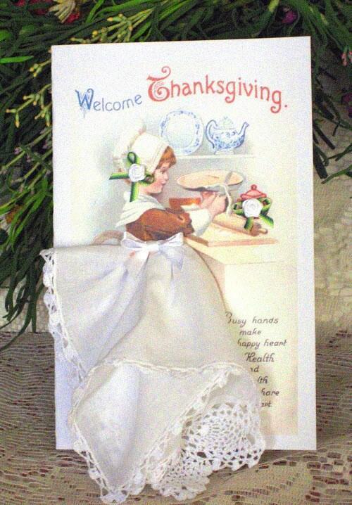 Welcome Thanksgiving Hankie Card-Roses And Teacups
