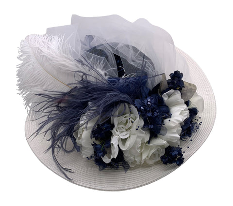White 5″ Large Brim Edwardian Hat W/Tulle And Navy Flowers #4487