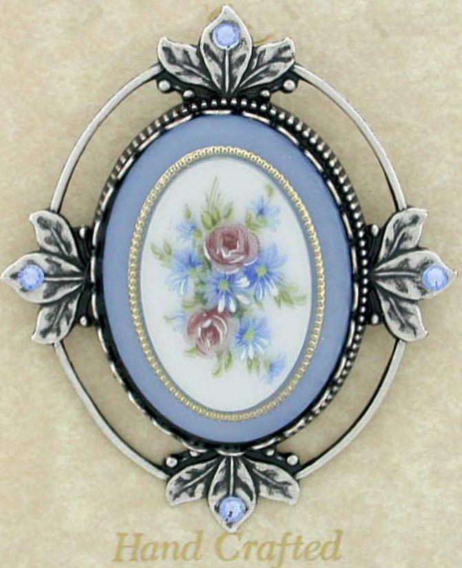 White Blue Cameo Brooch in Silver Leaf Frame-Roses And Teacups