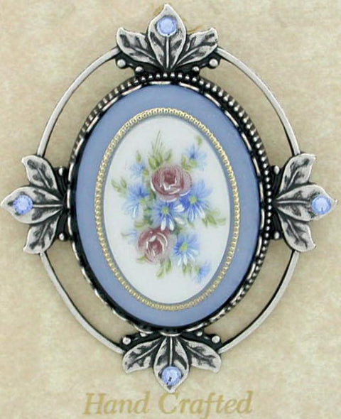 White Blue Cameo Brooch in Silver Leaf Frame