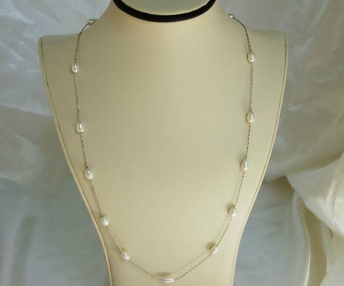 White Freshwater Pearl Station Necklace S008-Roses And Teacups