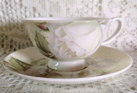 White Iceberg Rose Bone China Tea Cup and Saucer