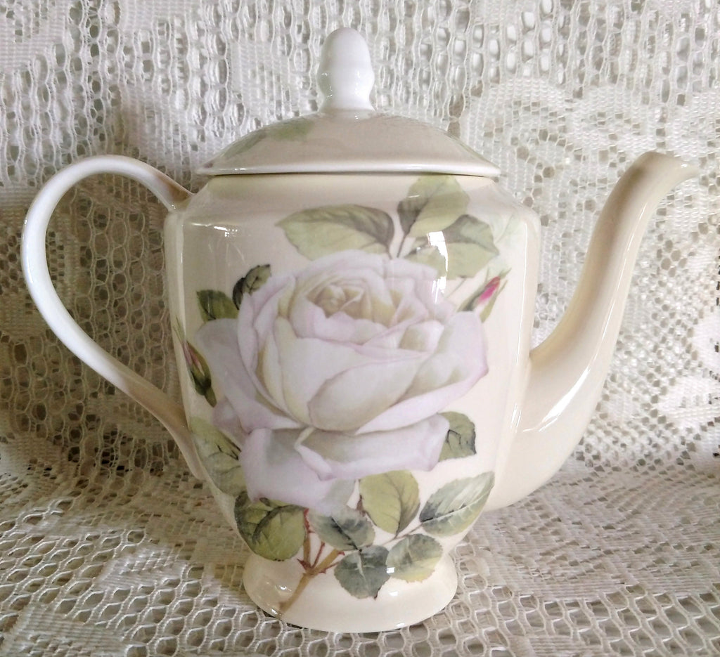 White Iceberg Rose Bone China Teapot-Roses And Teacups
