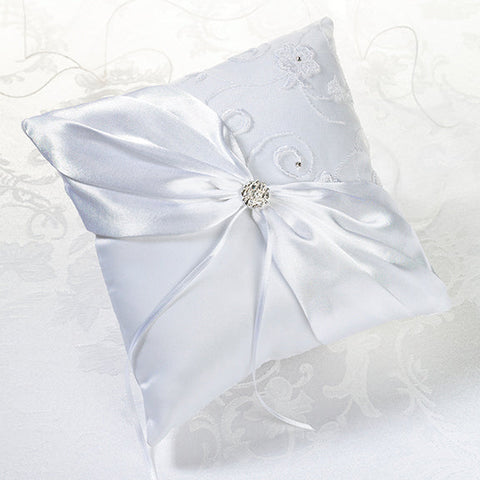 White Lace Vining Embroidered Crystal Flowers Ring Pillow-Roses And Teacups