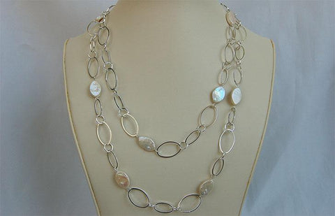 White Oval Coin Pearl and Silver Chain Necklace-Roses And Teacups