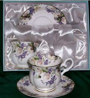 White Roses and Lilacs Bone China Teacups and Saucers Gift Boxed Set of 2