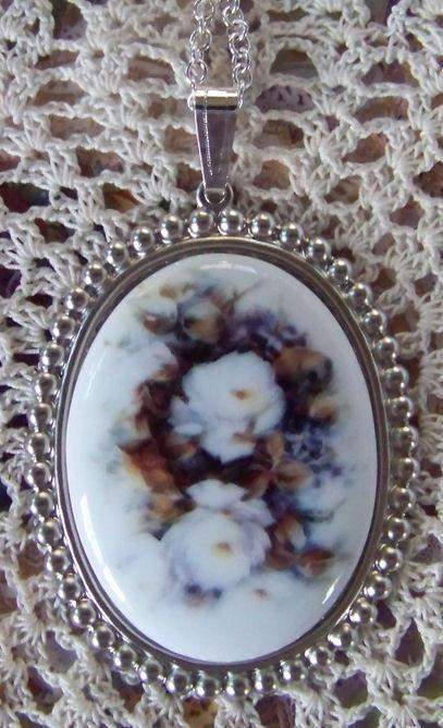 White Roses and Violets Porcelain Cameo Pendant