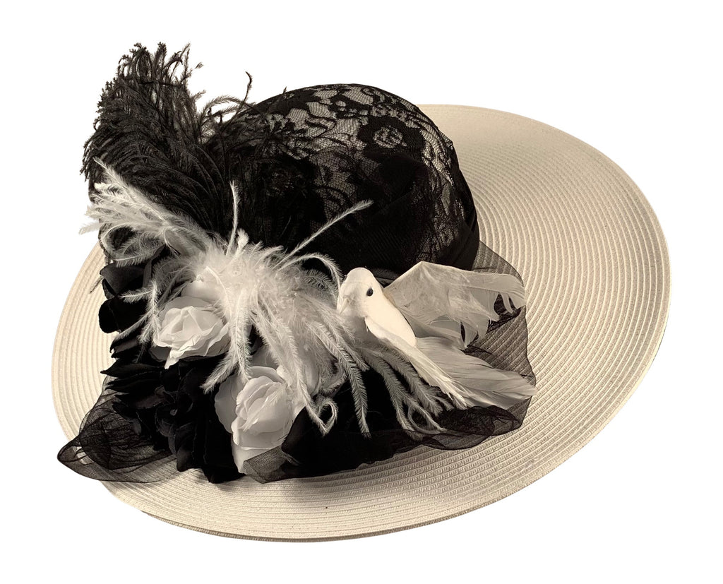 White and Black Victorian Bridal Large Brim Edwardian Hat-Roses And Teacups