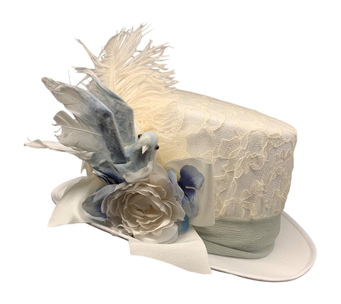 White and French Blue Riding Bridal Summer Hat-Roses And Teacups
