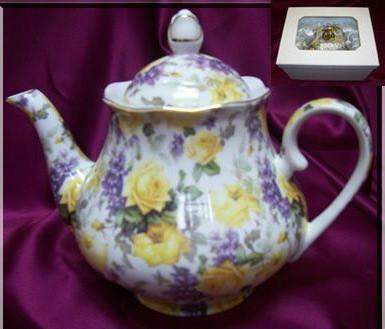 Yellow Roses and Lilacs Chintz 33 oz. Teapot Satin Lined Gift Box!-Roses And Teacups