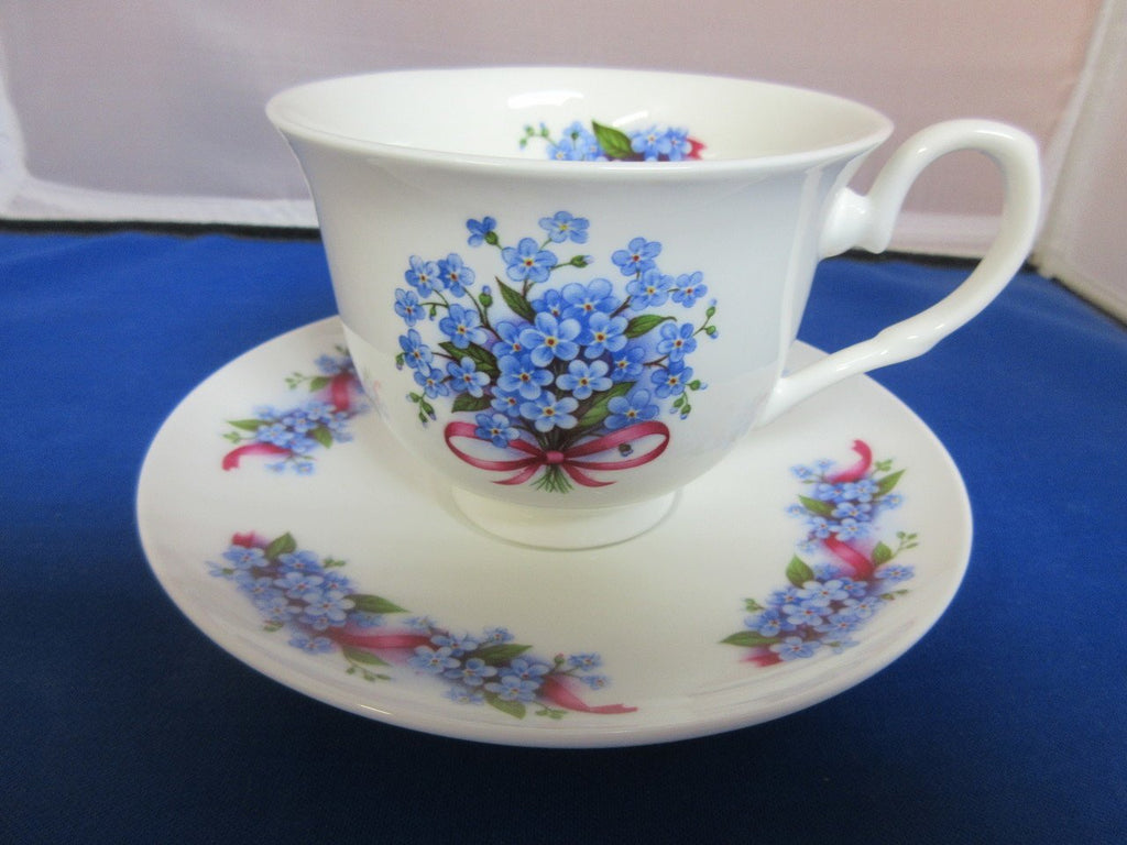 York English Bone China Blue Forget Me Not Teacups and Saucers Set of 2