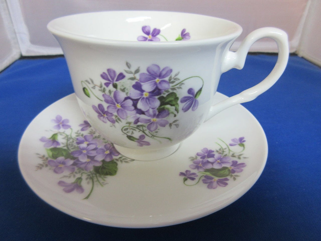 York English Bone China Wild Violet Teacups and Saucers Set of 2