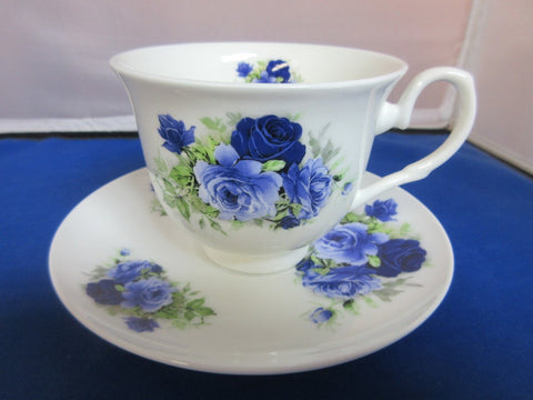 York Summertime Blue English Bone China Teacups and Saucers Set of 2-Roses And Teacups