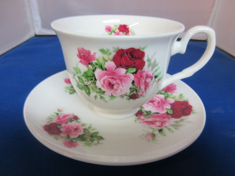 York Summertime Pink English Bone China Teacups and Saucers Set of 2-Roses And Teacups