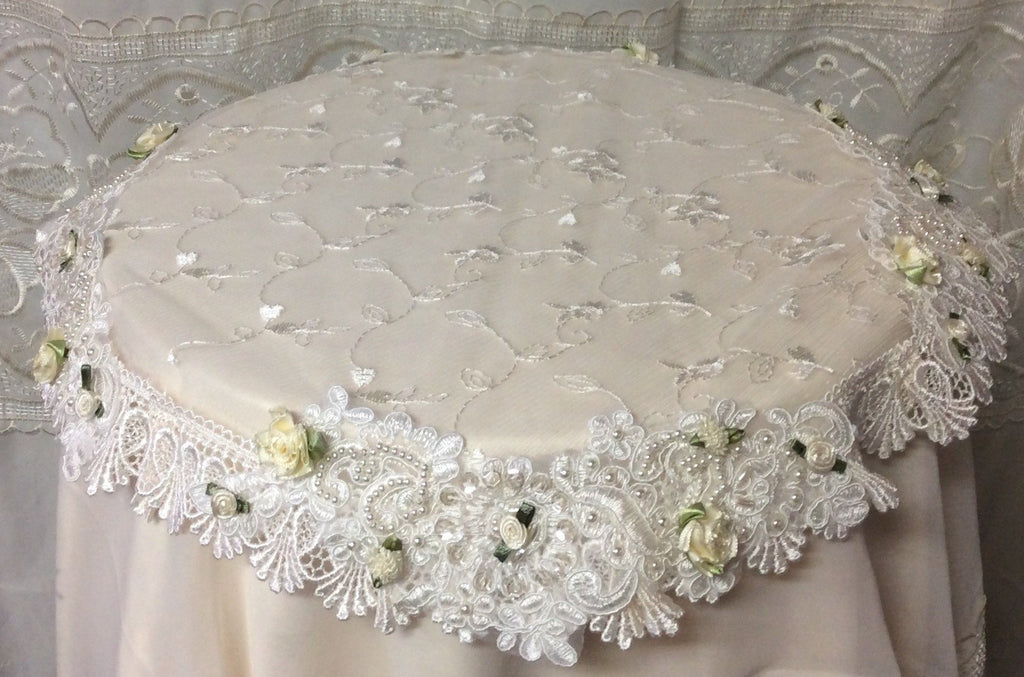 Beaded Lace Small Table Topper Ivory