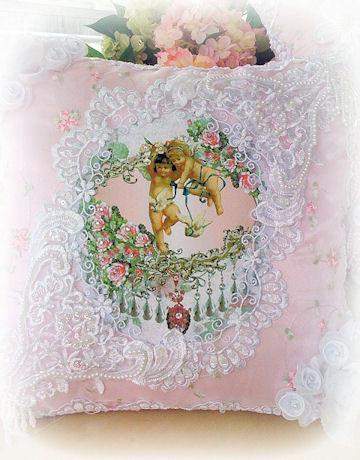 Cherubs with Doves Crystal Roses Victorian Pillow