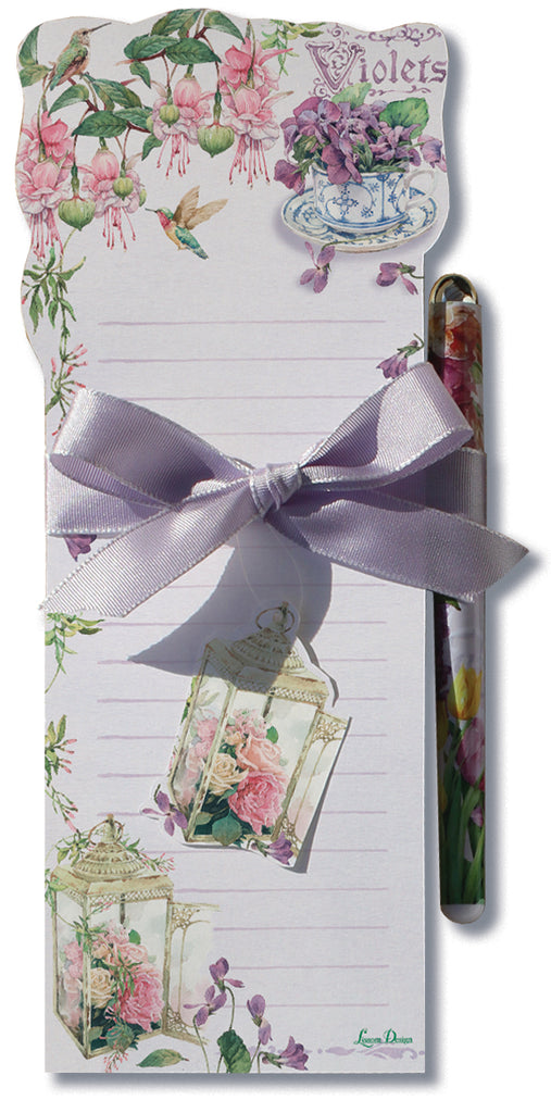 Sweet Violets Magnetic Shopping List Notepad and Pen - Roses And Teacups 