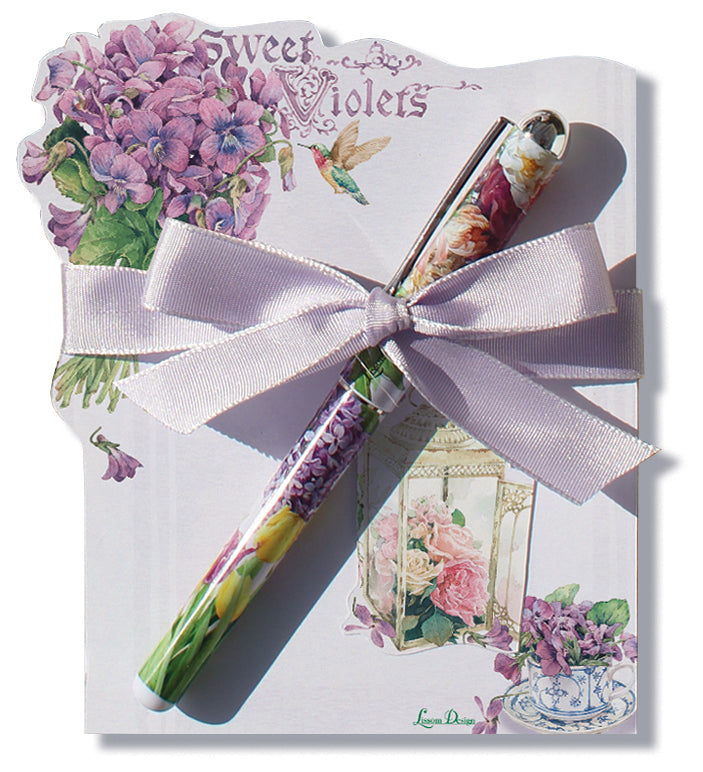 Sweet Violets Die Cut Notepad and Pen - Roses And Teacups 