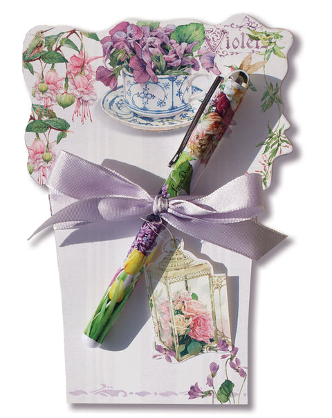 Sweet Violetse Large Die Cut Notepad with Pen - Roses And Teacups 