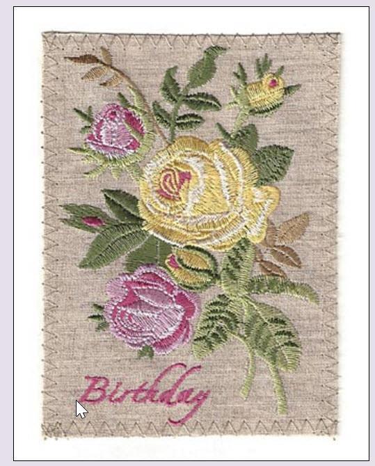 Embroidered Linen Pink and Yellow Roses Birthday Greeting Card