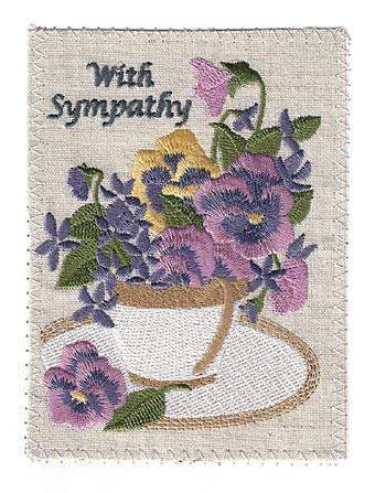 Embroidered Linen Tea Cup Pansies Sympathy Greeting Card